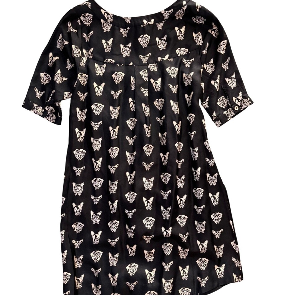 Maeve‎ Silk Dog Print Shirt Dress Womens XS Black Excellent Belted Midi Pocket - Picture 2 of 10